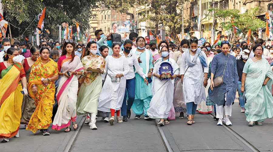 Mamata Banerjee leads a rally in Calcutta on International Women's Day on March 8