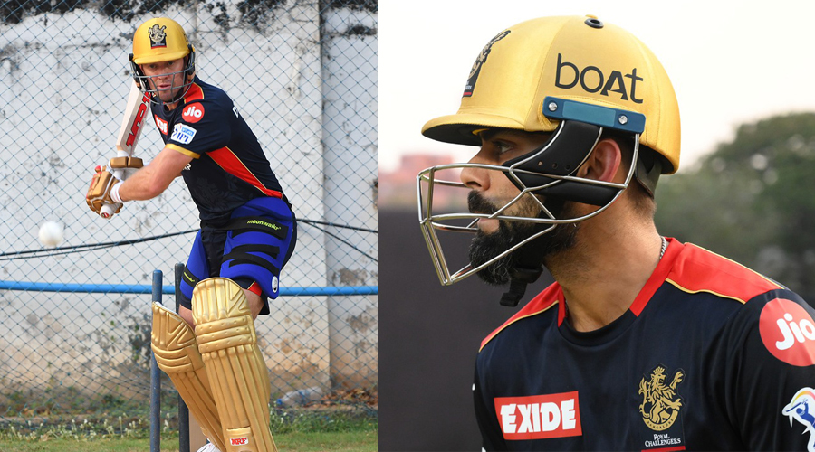 RCB’s AB de Villiers and Virat Kohli during practice session ahead of the IPL 2021 opener.
