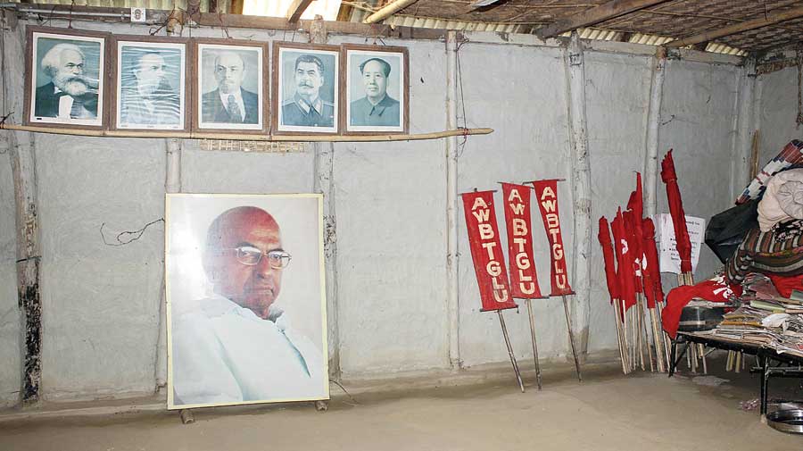 A portrait of Sanyal under pictures of communist stalwarts