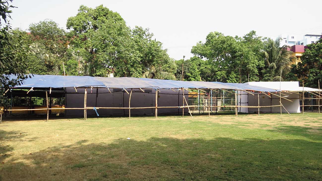 Temporary structures built on Purbachal playground to replace the first floor polling booths. 