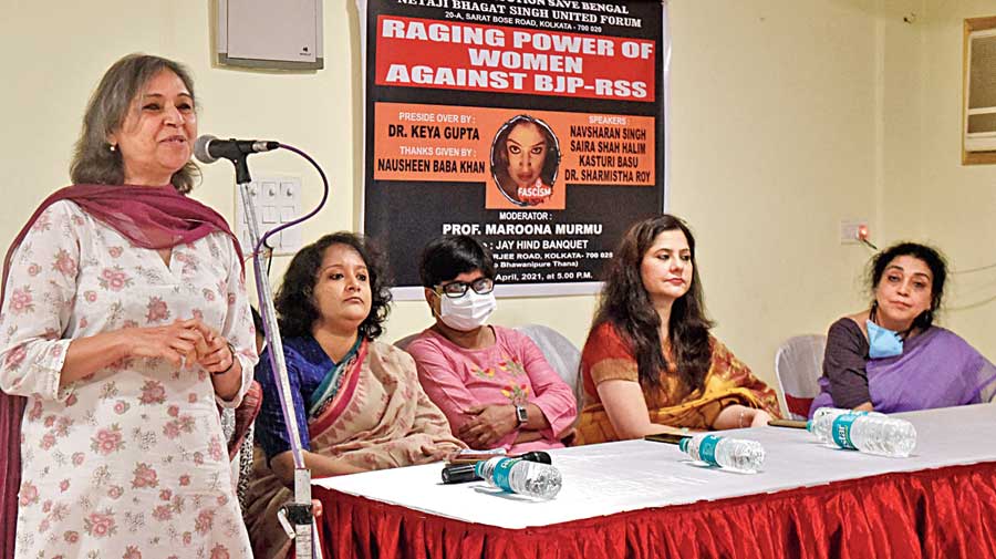 (From left) Navsharan Singh, Kasturi Basu, Sharmishtha Roy and Shaira Shah Halim at the discussion  on Friday. 