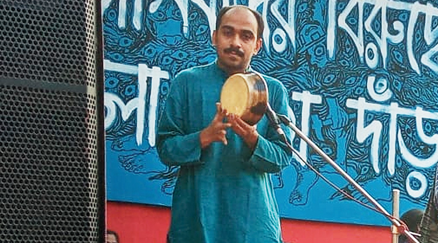 Raja Majumder performs at a protest in  Esplanade in February.