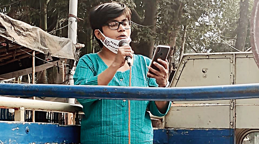 Sarmistha Roy reads a poem at a rally in central Calcutta on December 11 against the CAA-NRC.