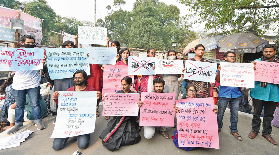 Jadavpur University, Presidency University and Calcutta University students protest against ‘love jihad’ in February.