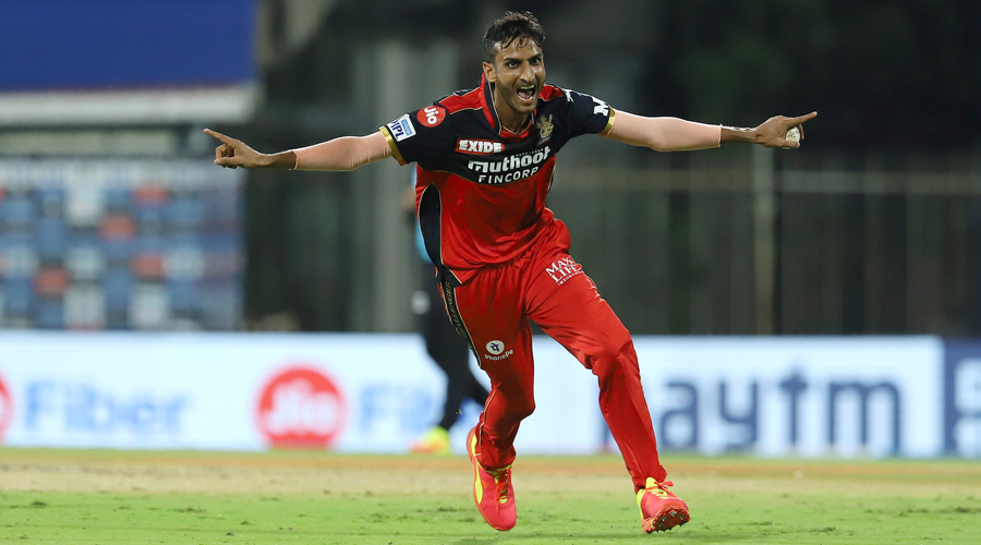 Shahbaz Ahmed of Royal Challengers Bangalore celebrates the wicket of Abdul Samad of Sunrisers Hyderabad during Indian Premier League cricket match between Sunrisers Hyderabad and Royal Challengers Bangalore at the M. A. Chidambaram Stadium, in Chennai on Wednesday.