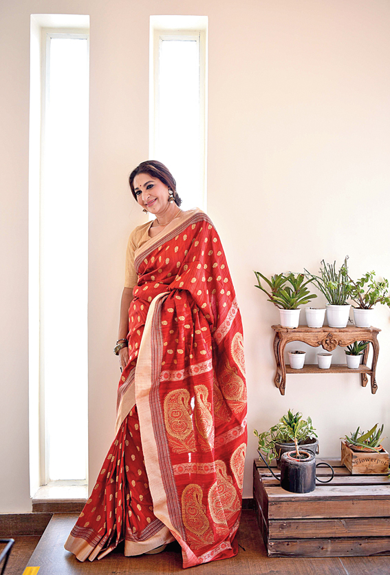 Sheena is seen here flaunting a Bailouchari, which is the store’s take on the revival of very old Baluchari motifs from books and pictures from when the figurative motifs had not yet come into the design language. The store’s iteration has changed the texture from the otherwise-flat mulberry silk. Rs 26,250.