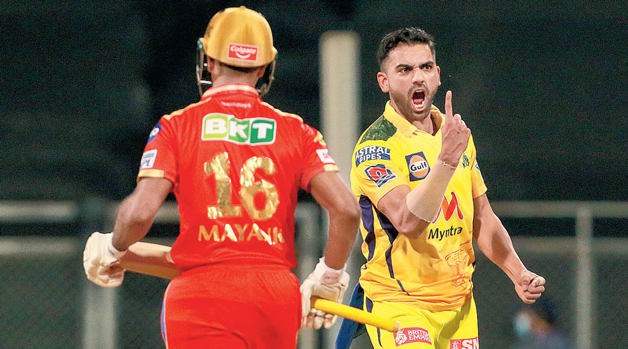  Deepak Chahar celebrates the wicket of Mayank Agarwal, one of his four victims, in Mumbai on Friday.