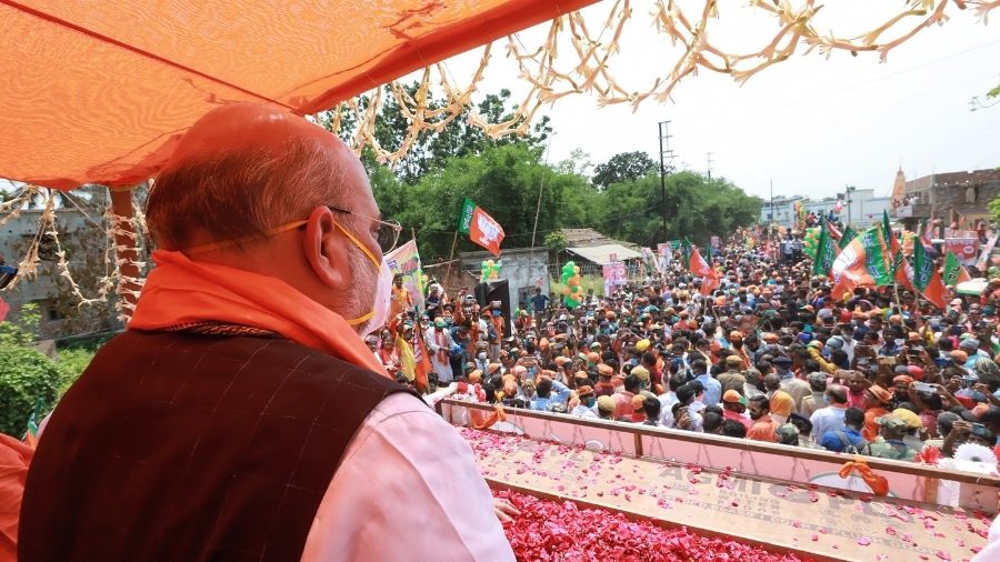 Amit Shah addresses a gathering at Amdanga in North 24 Parganas on Saturday.