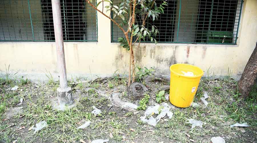 Used gloves lie strewn across the Bandhabnagar Swamiji Vivekananda Vidyapith polling station in Dum Dum on Saturday