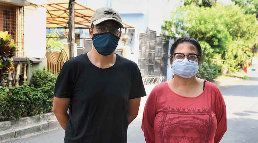 Soma Ganguly with her son Somdeep outside a polling station in Salt Lake on Saturday