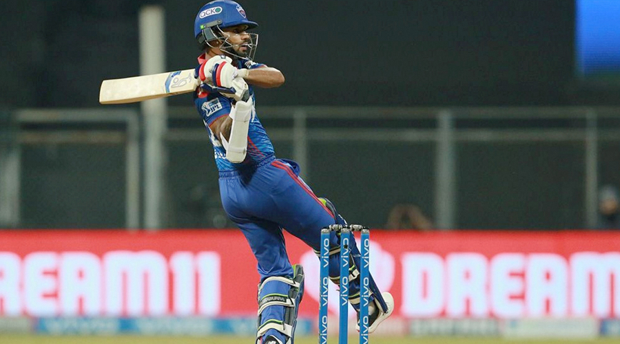 Shikhar Dhawan of Delhi Capitals plays a shot during match 11 of the Indian Premier League 2021 between the Delhi Capitals and the Punjab Kings, at the Wankhede Stadium in Mumbai on Sunday.