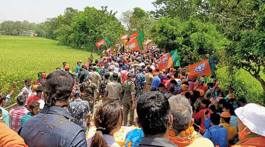 A Dilip Ghosh road show in the district’s Burwan on Tuesday