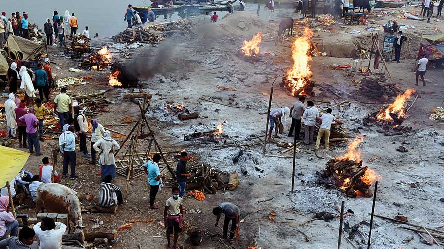 Covid patients are cremated at Manikarnika Ghat crematorium in Varanasi on  April 17. 