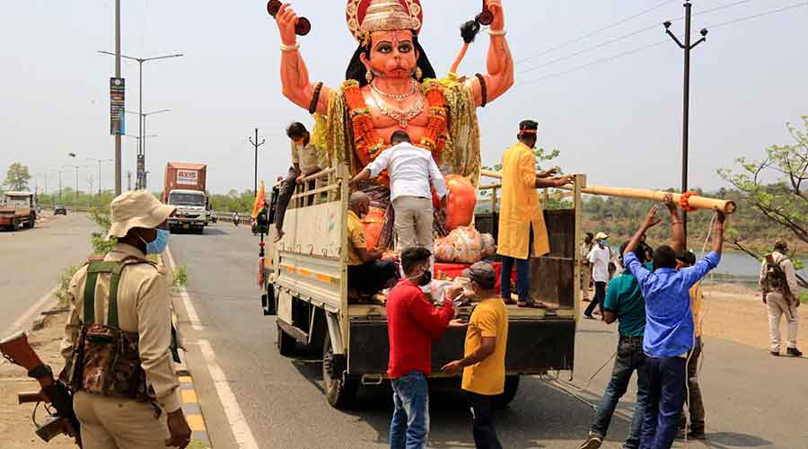 Immersion of Lord Hanuman by youths at a river near Sonari area in Jamshedpur on Thursday.