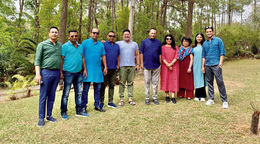 Pradyut Bordoloi (fifth from right) soaks in Cherrapunjee with his Congress team.