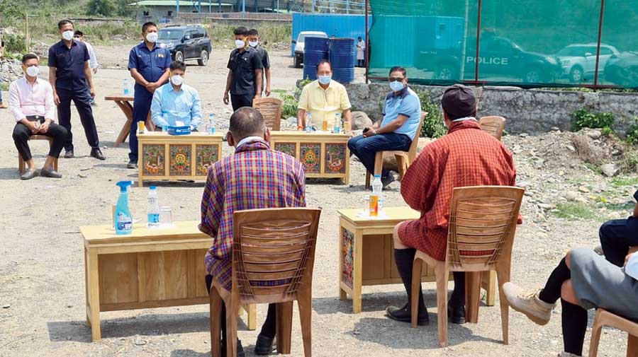 Pijush Hazarika and Biswajit Daimary in a meeting with Bhutanese officials at Samdrup Jongkhar on Sunday