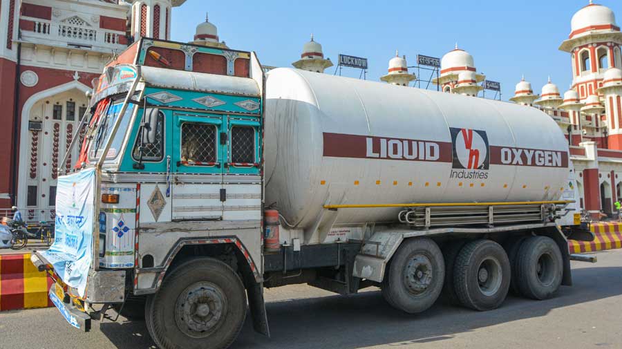 An oxygen tanker after arriving via Oxygen Express from Bokaro, in Lucknow, on Saturday.