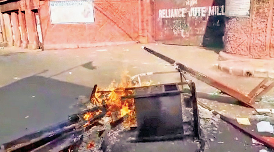 Furniture of a trade union office set on fire near Reliance Jute mill in Bhatpara on Sunday.