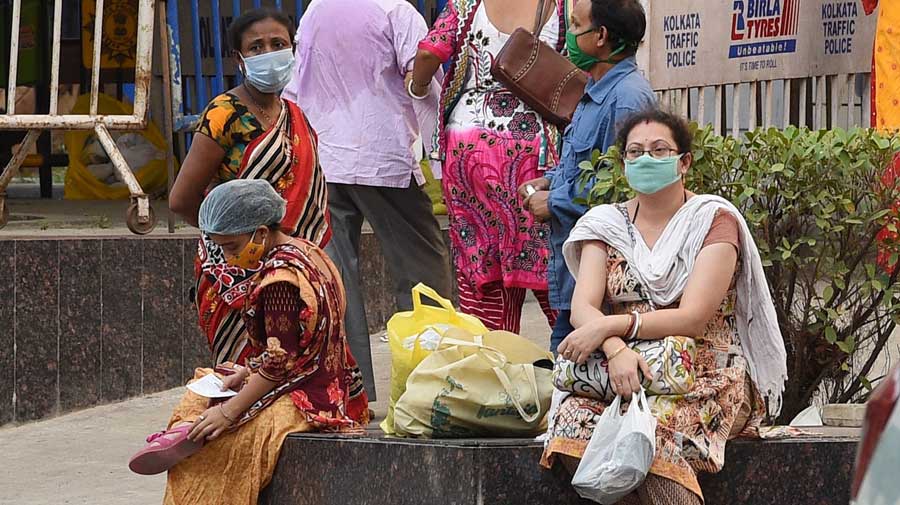Relatives of a Covid patient outside Calcutta Medical College and Hospital in Calcutta on Sunday.