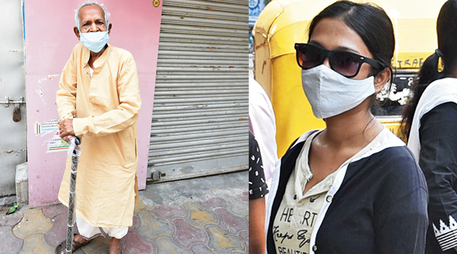 (Left) Sambhu Nath Dutta, 86, outside a polling station in Bhowanipore; Sukriti Dutta outside a booth on Sarat Bose Road. 