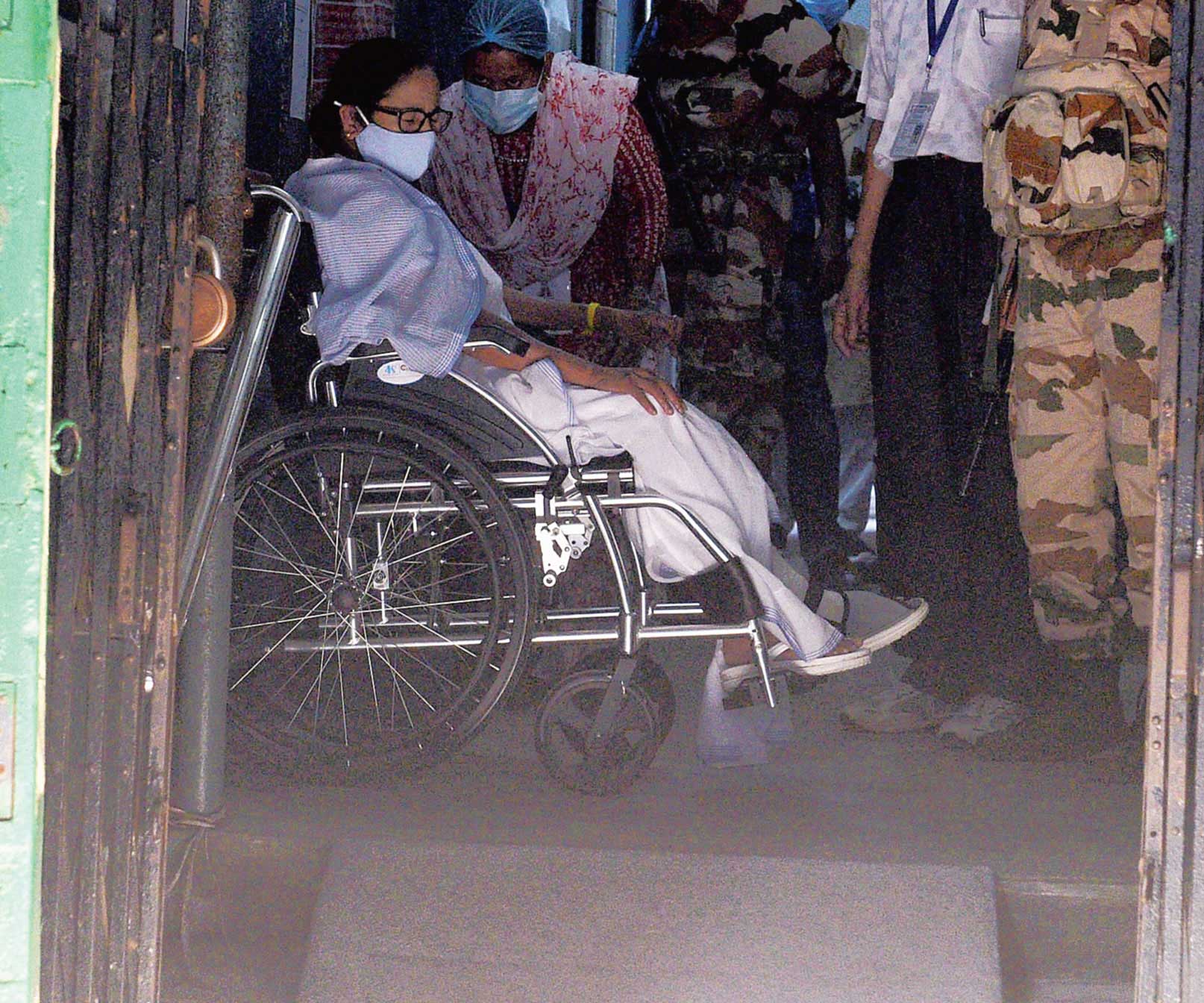 A wooden ramp has been set up for the wheelchair-bound chief minister.