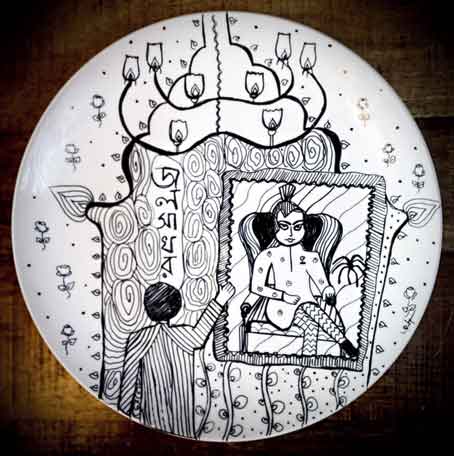 Jalshaghar Wall Plate by Bag of Bong, made on a ‘pre-sanitised ceramic plate with archival ink’