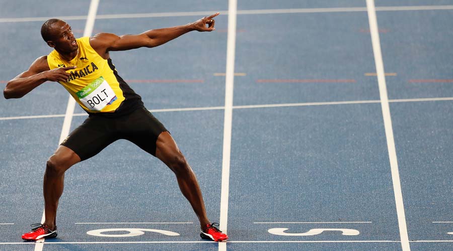 Usain Bolt (JAM) does a lightning bolt pose after winning the 100m in 9.98  during the 55th Ostrava Golden Spike track and field meeting in a IAAF  World Challenge event at Mastsky