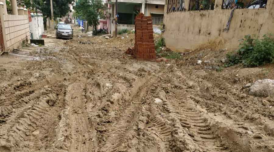 A damaged road in Adityapur due to digging for sewage and drinking water projects.