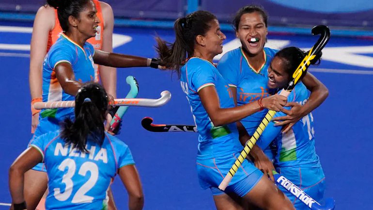 The India women's hockey team celebrates win over Australia.