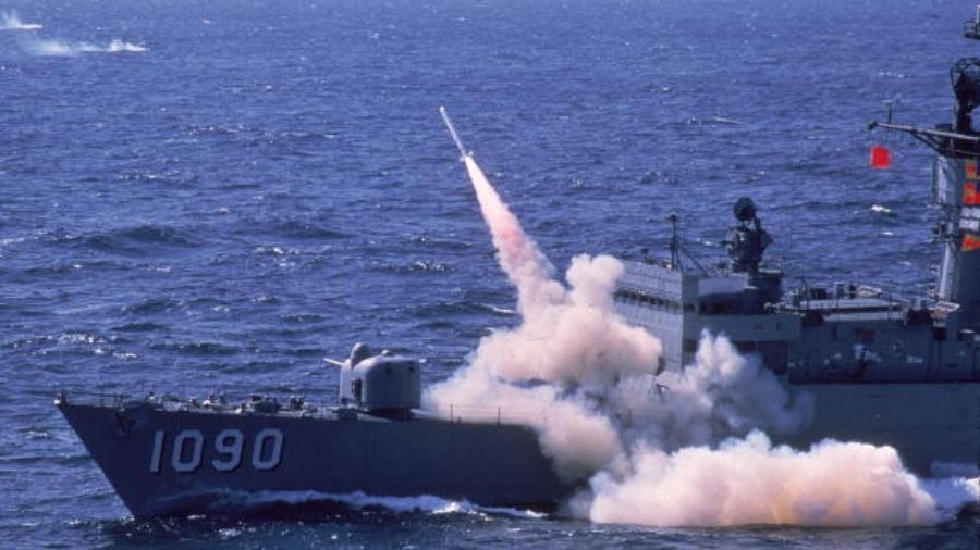 Harpoon missile being fired.