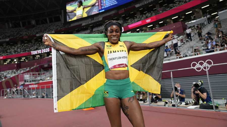 Elaine Thompson-Herah of Team Jamaica celebrates after winning gold in the Women's 200m final on day eleven of the Tokyo 2020 Olympic Games on Tuesday.