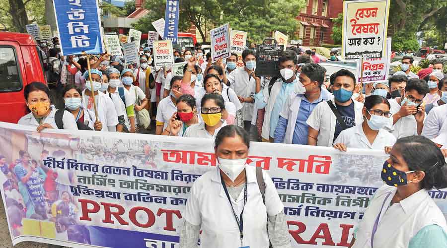 Nurses protest at SSKM Hospital on Monday.