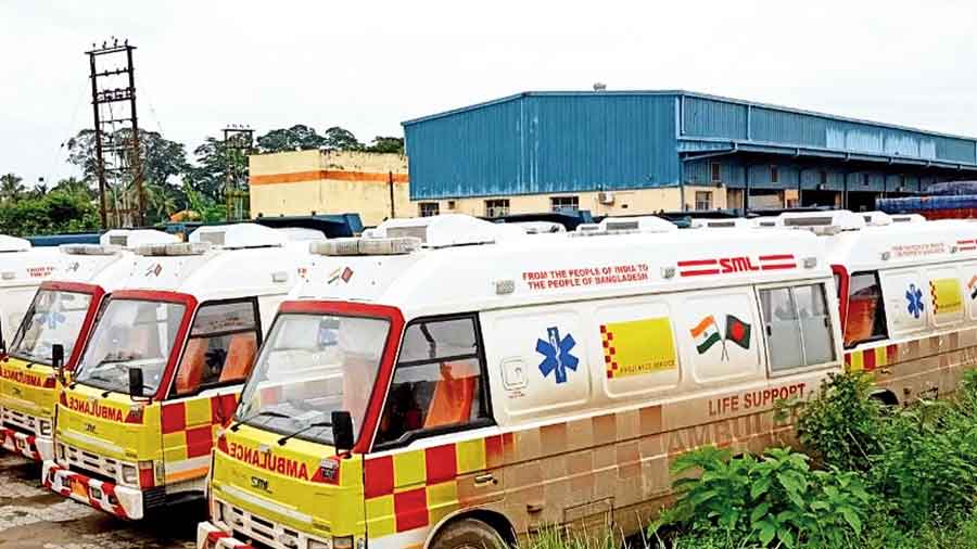 Ambulances set to cross border at Petrapole on Friday. 