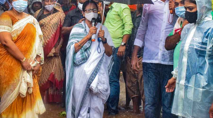 Chief Minister Mamata Banerjee visits flood-affected Amta area in Howrah district.