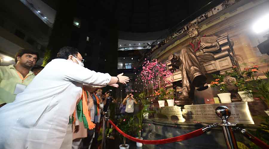 BJP National President JP Nadda pays floral tribute to Dr. B.R. Ambedkar during a felicitation ceremony of cabinet ministers from OBC category, organised by BJP OBC Morcha at Dr Ambedkar International Centre in New Delhi on Wednesday, Aug 11, 2021.