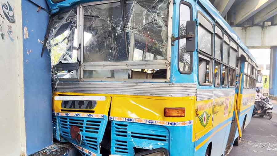 The bus after it rammed into a pillar of the Parama flyover on Wednesday
