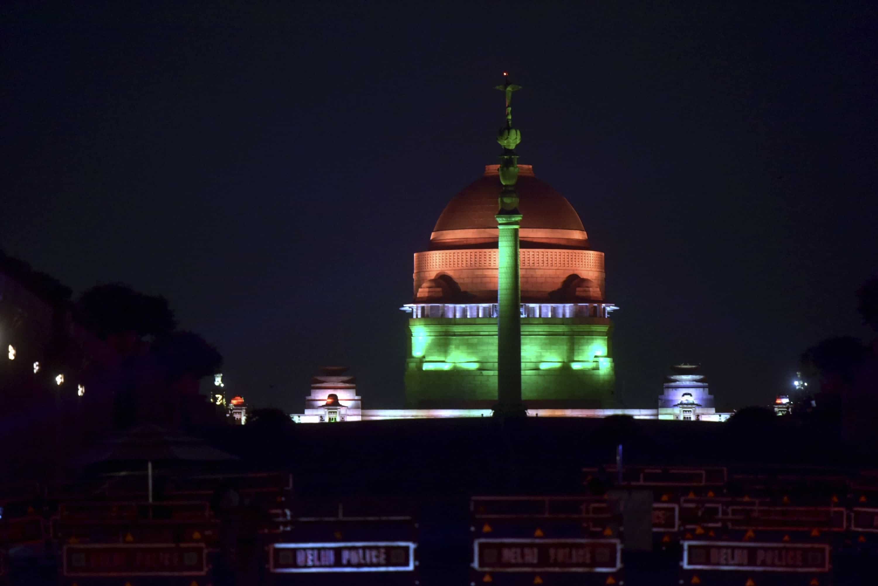 Raisina Hills illuminated in tricolour on Saturday.