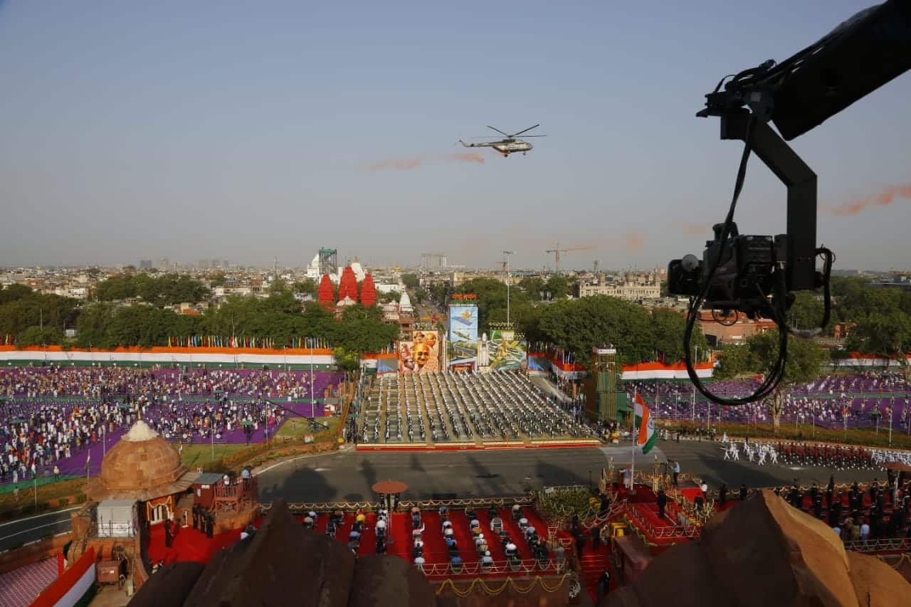 Helicopters shower flowers as Narendra Modi hoists the Indian flag. Thereafter, he delivered the customary address to the nation from the ramparts of the Red Fort.
