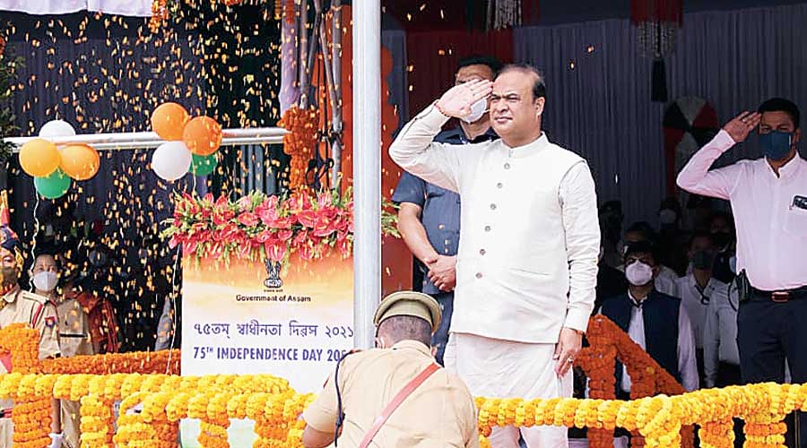 Assam chief minister Himanta Biswa Sarma attending the 75th Independence Day function at the Khanapara Veterinary College Playground on Sunday. Sarma on Sunday issued 10 appeals to the public to make the state a better place besides reiterating his plea to the proscribed United Liberation Front of Asom (Independent)  to come forward for talks. The 10 appeals include spending time with parents. Government employees to get seven days’ leave to be with their parents, Sarma said 