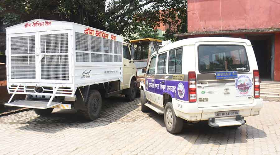 The Dog Catching Van at old Dhanbad Municipal Corporation (DMC) office in Bank More, Dhanbad on Monday.