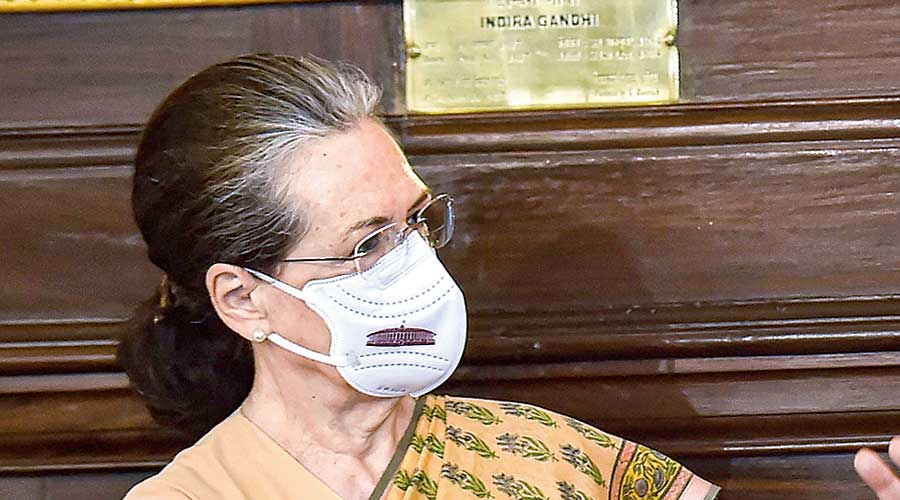 Sonia Gandhi in Parliament House on Friday after paying tribute to Rajiv Gandhi on his birth anniversary