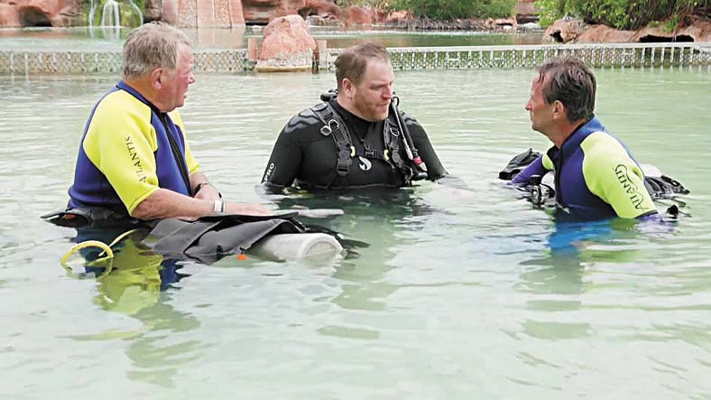 Josh Gates with William Shatner (left) in Expedition Unknown: Shark Trek