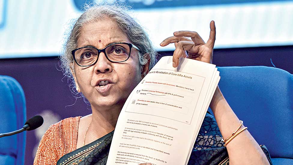 Union Minister for Finance & Corporate Affairs Nirmala Sitharaman addresses during the launch of National Monetisation Pipeline (NMP), in New Delhi, Monday, Aug. 23, 2021. 