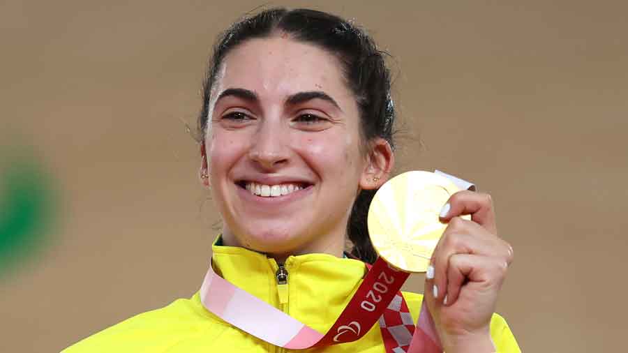 Cyclist Paige Greco of Australia after winning the 3,000m pursuit gold in Shizuoka on Wednesday. 