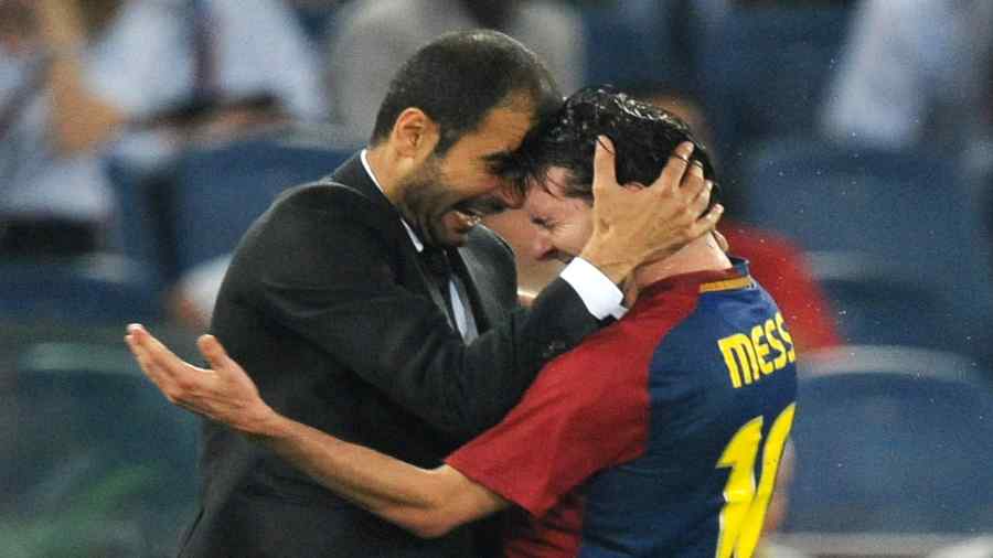 Lionel Messi with Pep Guardiola during his Barcelona days.