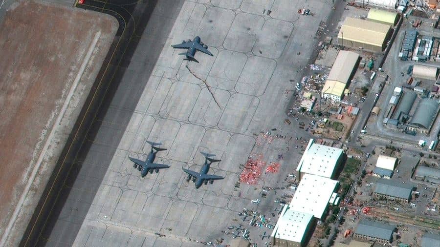 A satellite image provided by Maxar Technologies of military aircraft at Hamid Karzai International Airport, in Kabul, Afghanistan on Friday.