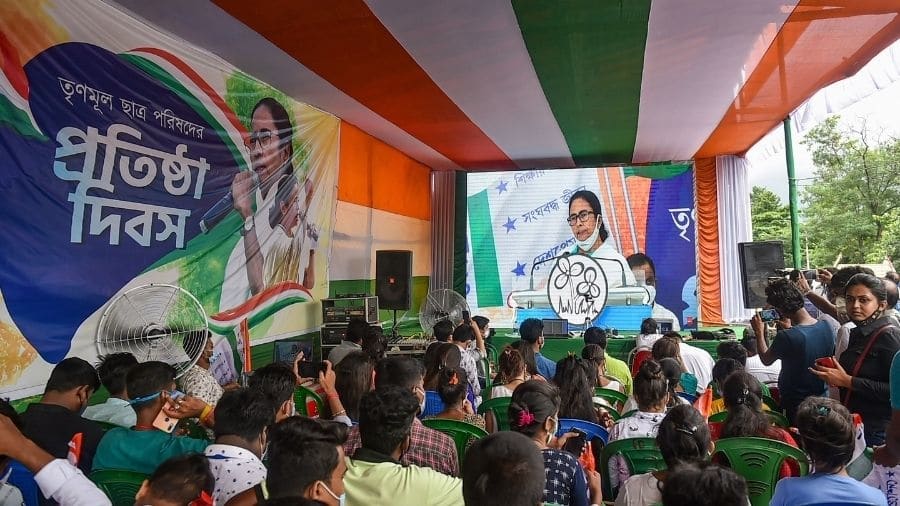 Mamata Banerjee virtually addresses the TMC foundation day event.