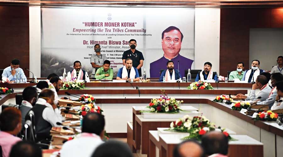 Assam chief minister Himanta Biswa Sarma speaks at the interaction with tea community members on Monday