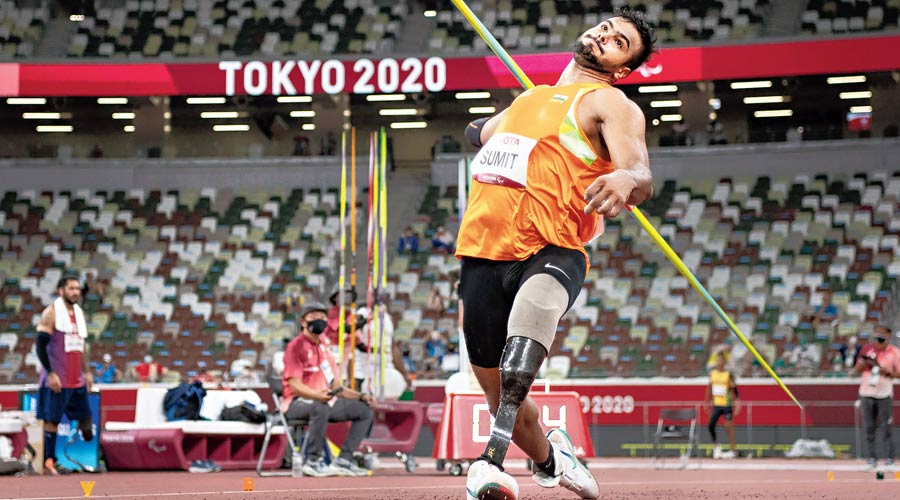 Sumit Antil during the men’s javelin throw F64 final in Tokyo on Monday. 