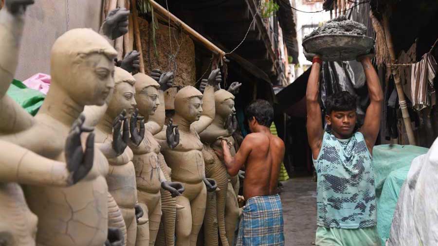 Artisans at work in Kumartuli, Kolkata, last week.